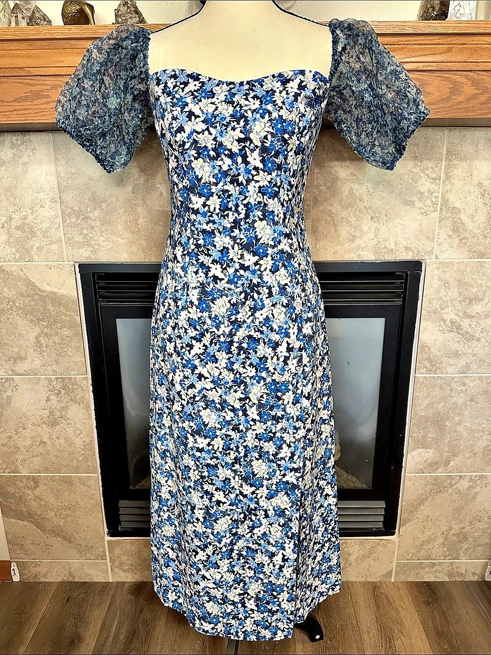French Connection Size 4 Floral Puff Sleeve Midi Dress Blue NWT